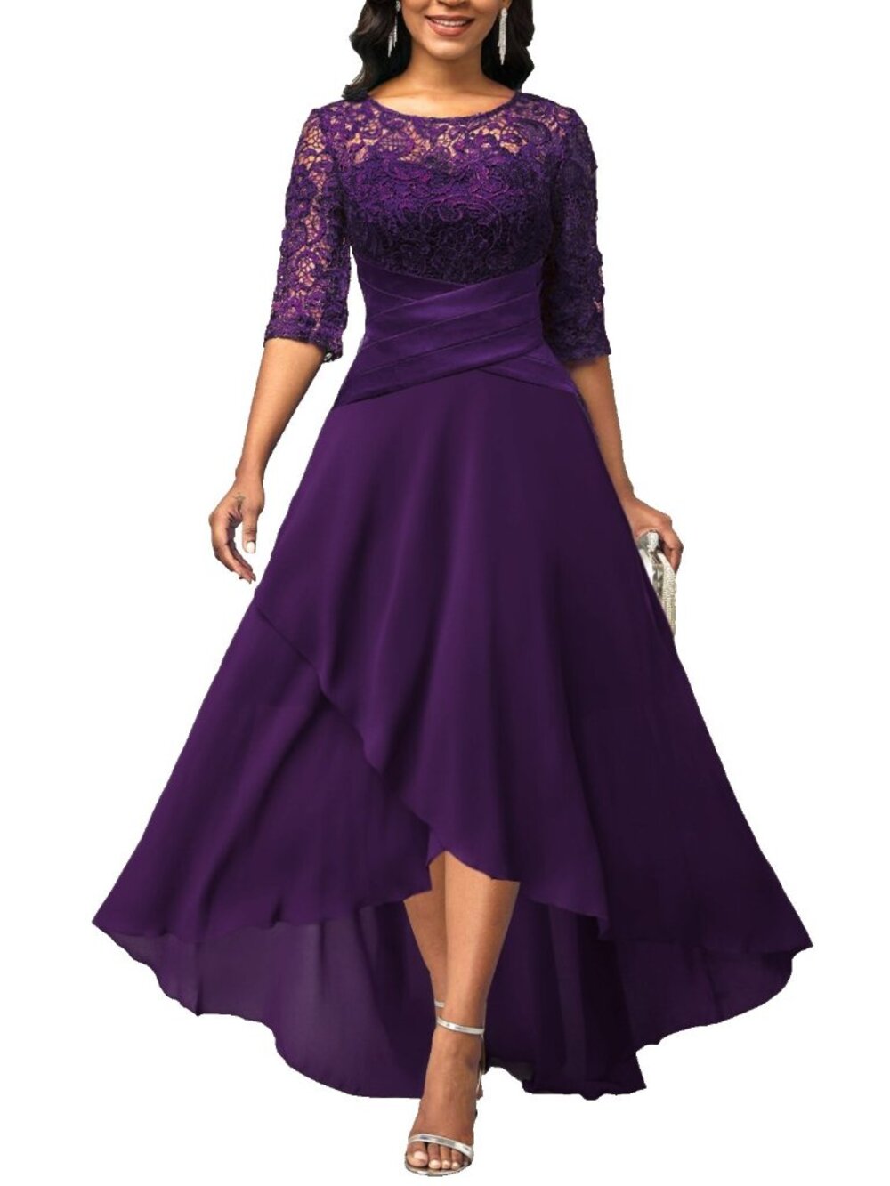 Modlily Womens 3X Purple Lace Short Sleeve Round Neck Elegant Formal Dress